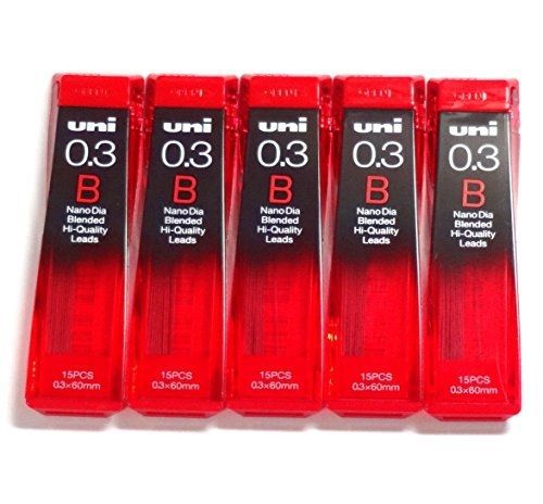 Uni-ball Uni NanoDia Low-Wear Pencil Leads 0.3 mm B, 15 Leads X 5 Pack/total 75