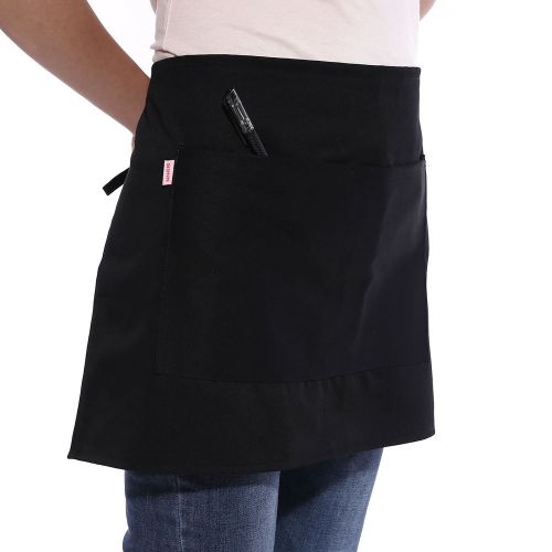 Black Short Waist Apron Waiter Waitress Cafe Pub Bar Catering Pocket