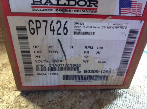 Baldor gearmotor, #gp7426, fr-jk, 180vdc, .25hp, tor-75in-lb, 33:1, 104rpm out for sale