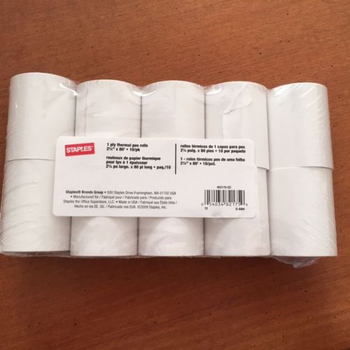 Staples Thermal Paper Rolls, 2 1/4&#034; x 80&#039;, 10 Rolls