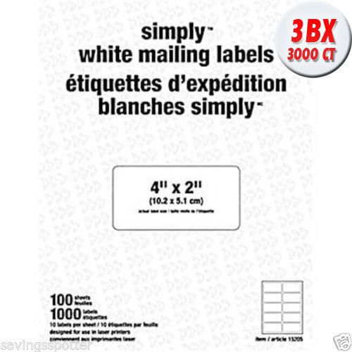 Lot of 3 staples® simply™ white mailing labels 4&#034; x 2&#034; 3000 labels / 300 sheets for sale