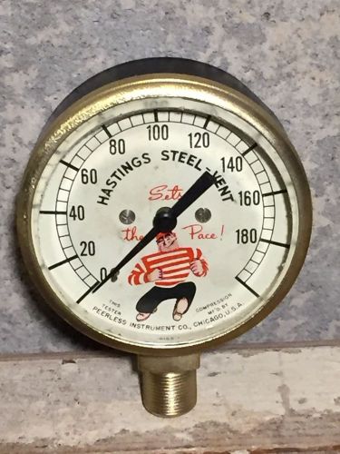 Vintage HASTINGS Brass Pressure Gauge, Beveled Glass, Great GRAPHICS, Steampunk