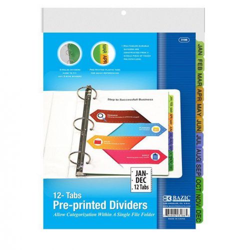 Pack of 3, BAZIC 3-Ring Binder Dividers W/ 12-Preprinted Jan-Dec Tab