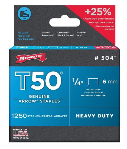 Arrow Fastener 504 Genuine T50 1/4-Inch Staples, 1,250-Pack