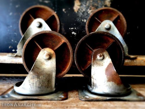 Vtg casters, antique cast iron metal industrial furniture coffee table wheel set for sale