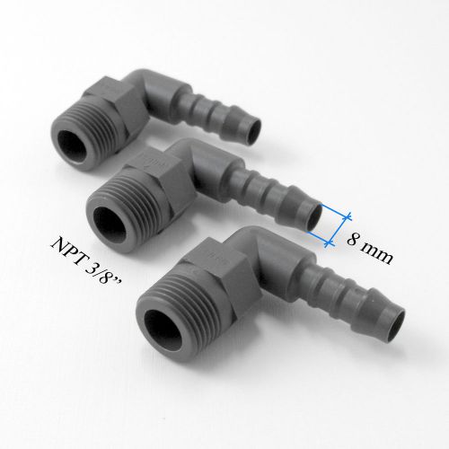 (3) 3/8&#034; NPT to 8mm Naylon Hose-Barb Elbow Fittings, HHO Car Boat Aquarium Van