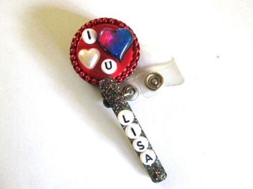 BLUE/RED HEART ID BADGE REEL PERSONALIZED,MEDICAL,TEACHER,VETERINARIAN,OFFICE