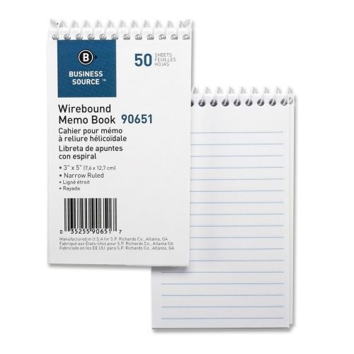 Business Source Wirebound Memo Book -50 Sheet(s)- 3&#034;x5&#034;-White -12/Pk - BSN90651