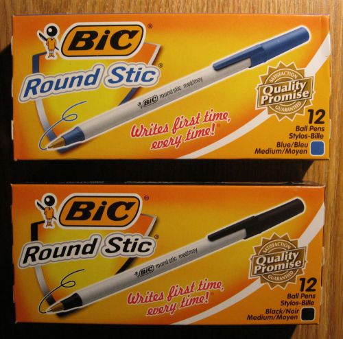 NEW BIC Round Stic Ballpoint Pen Blue &amp; Black Ink Set Med Point 1/Doz per color