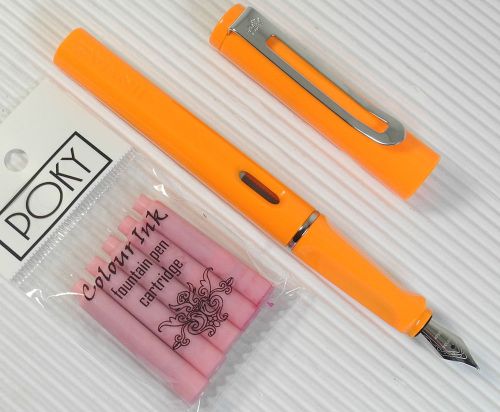 Jinhao 599b fountain pen orange plastic barrel + 5 poky cartridges pink ink for sale