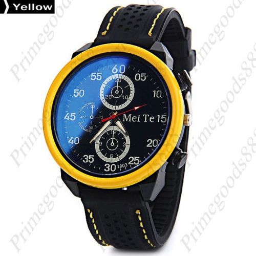 Rubber band black face sub dials quartz men&#039;s wristwatch free shipping yellow for sale