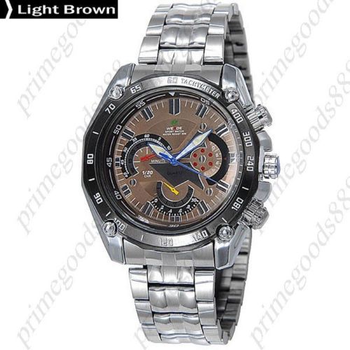 Round Waterproof Analog Quartz Stainless Steel Band Men&#039;s Wristwatch Light Brown