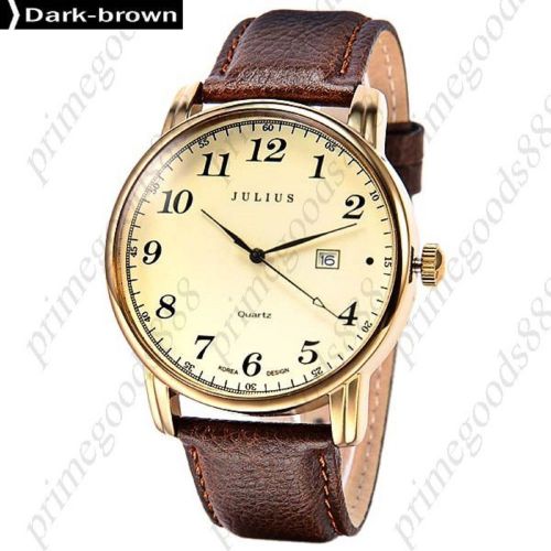 Genuine leather men&#039;s date wristwatch free shipping gold golden dark brown for sale