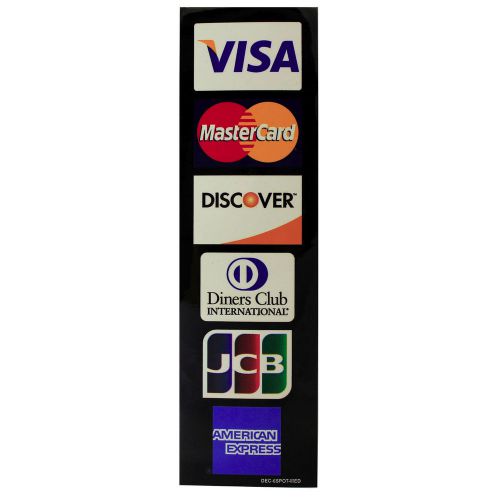 6 LOGO VERTICAL STICKER DECAL VISA+ MASTERCARD+ DISCOVER+ AMEX+ DINERS+ JCB