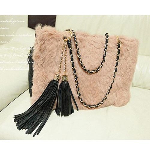 Vintage Luxury Shoulder Bag Faux Rabbit Fur Khaki Color w/Tassel Decors Tote Bag