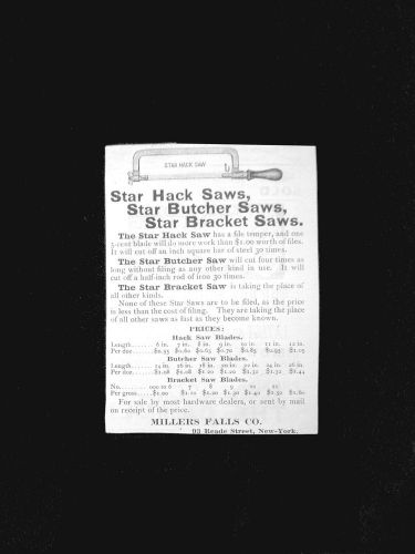 1890 trade ad-price list=star hack saws-butcher saws-star bracket saws-blades=ny for sale