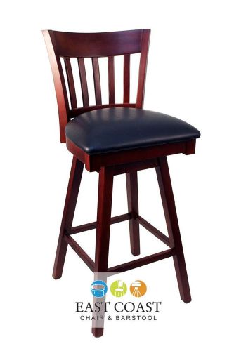 New Gladiator Mahogany Vertical Back Wooden Swivel Bar Stool w/ Black Vinyl Seat