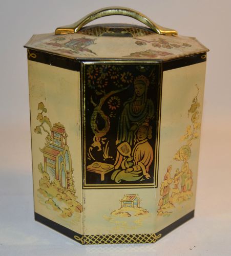 Peek, frean &amp; co. oriental octagon biscuit tin box jar large gold handle for sale