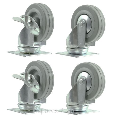 4 x Heavy Duty 100mm Rubber Swivel Castor Wheels with Brake Square Plate Fixing