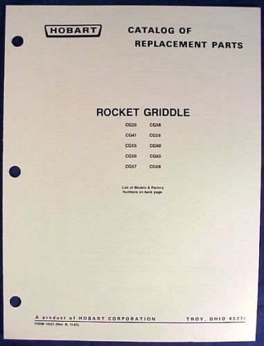 Hobart rocket griddle cg series various models catalog of replacement parts for sale