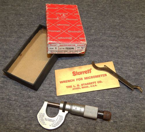 Vintage machinist starrett #t232rl 1/2&#034; micrometer 50955 ratchet stop in box for sale