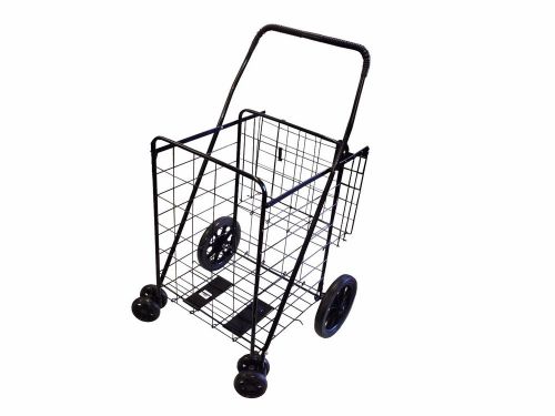 SHOPPING CART JUMBO FOLDING SWIVEL WHEEL EXTRA BASKET GROCERY BLACK