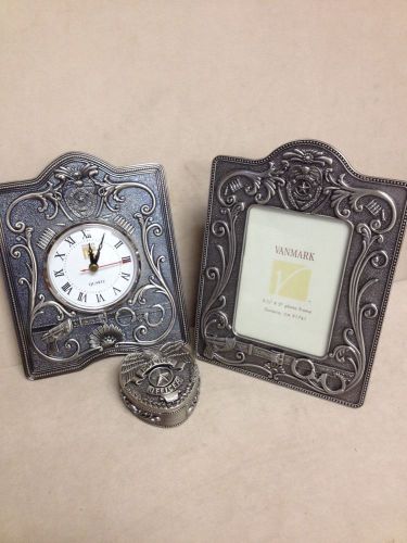 Desk Set &#034;Police Officer&#034; Frame, Clock &amp; Badge  keepsake box