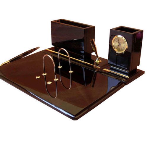 Classic office desk organizer made from natural obsidian desk clock, pen, stone for sale