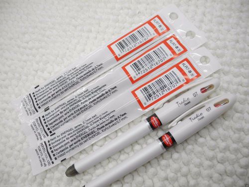 2 White Barrel +3 refill Pentel Ener Gel 0.7mm metal tip rollerpen w/cap RED ink