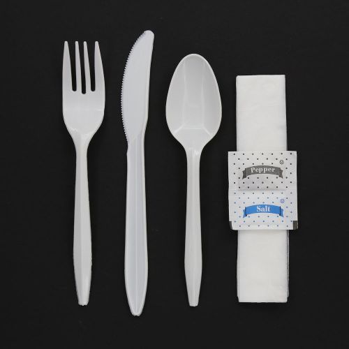 Medium Weight Cutlery Kit-Fork, Knife, Spoon, Salt &amp; Pepper, Napkin, Pack of 250