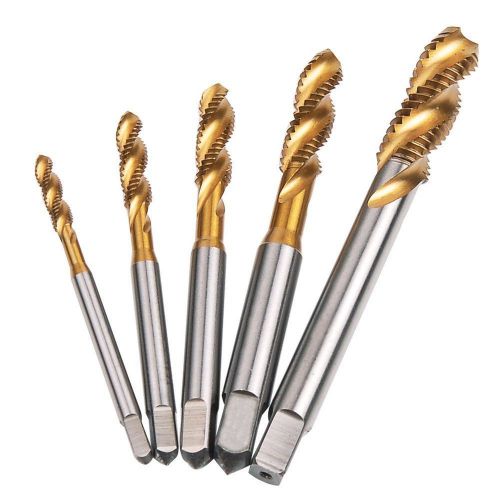 Drill Warehouse 5 Pcs M3 M4 M5 M6 M8 Titanium Coated HSS Spiral Flute Metric ...