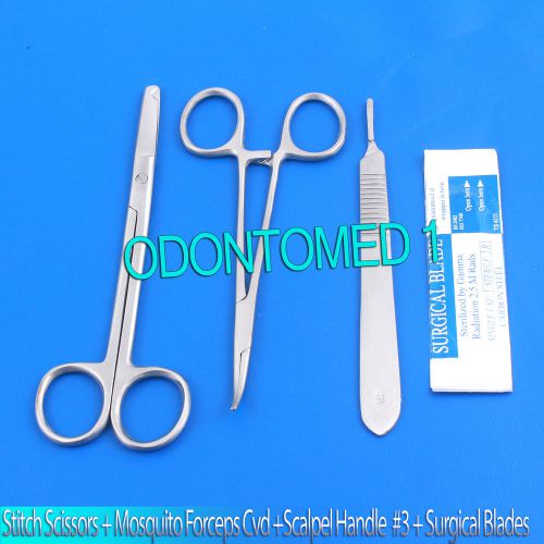 SUTURE STITCH SCISSORS 4.5&#034;+MOSQUITO FORCEPS CV 5&#034;+SCALPEL HANDLE #3+5 BLADES#15