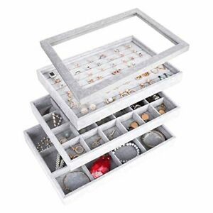 AUTOARK Ice Velvet Stackable Jewelry Tray Showcase Display Organizer,Glass Lid T