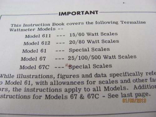 BIRD MODEL 61,67,67C,611, 612 RF WATTMETER - Instruction Manual