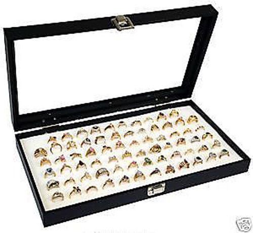 Ring Display Case Glass Top Holds 72 Rings White Foam Insert Organizer Travel