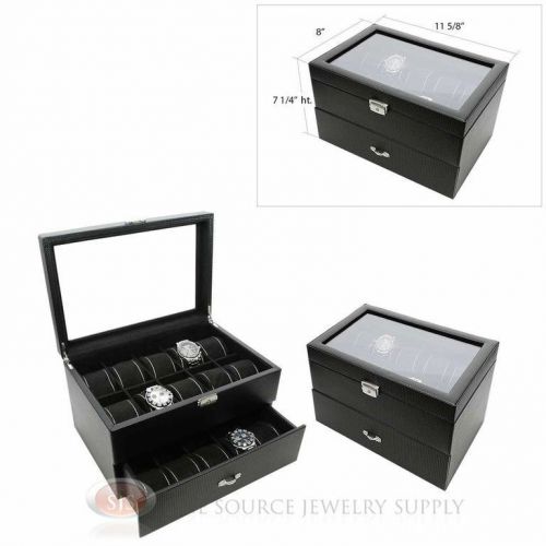 2 Piece 20 Watch Glass Top Black Carbon Fiber Pattern Leather Cases Displays