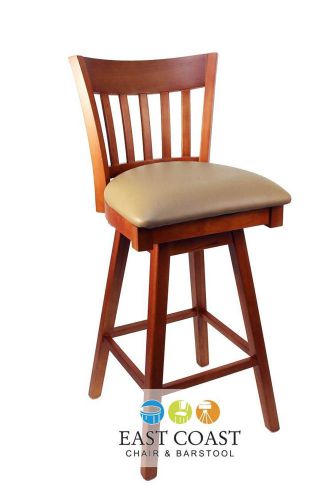 New Gladiator Cherry Vertical Back Wooden Swivel Bar Stool with Tan Vinyl Seat