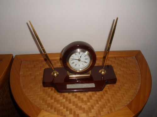 Very Nice 9&#034; Cherry wood Desktop Alarm Clock and Dual Pen Holder NEW ~ LQQK!!