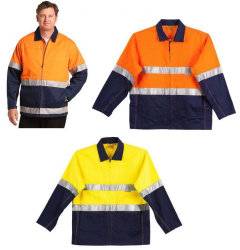 MENS HI-VIS COTTON JACKET 3M TAPE HIGH VIS REFLECTIVE FLURO YELLOW NAVY ORANGE