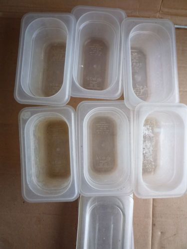 One lot of 6 1/9 x 4 size prep table translucent pans cambro en631.1 with 6 lids for sale