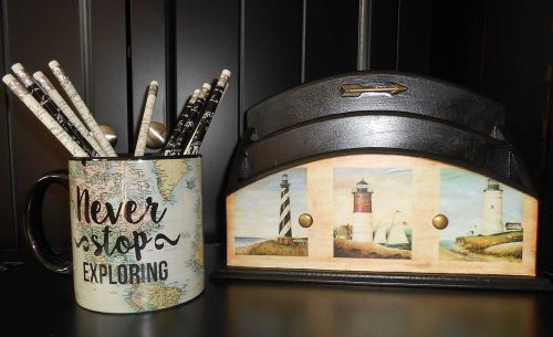 DESK OFFICE ORGANIZER TRAVEL NAUTICAL LIGHTHOUSE CRAFT STORAGE PLUS PENCIL MUG