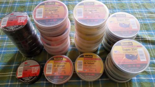 LOT OF (34) ROLLS 3M 10 SUPER 33+ 3/4&#034; X 66&#039; BLACK  8 YELLOW 8 ORANGE 8 TEMFLEX