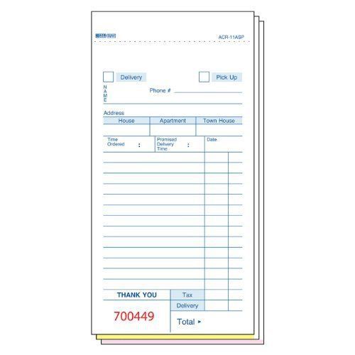 DayMark ACR-11ASP No-Carbon Delivery Form Guest Check, 3 Part, White, 6-3/4&#034; x