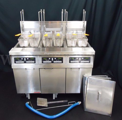 Frymaster digital gas 3 well 50 lb ea commercial fryer w/ basket lifts &amp; filter for sale