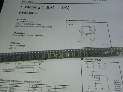 [50 pcs] rss040p03 rohm mos-fet p-chn -30v , -4a  2w sop8 switching for sale