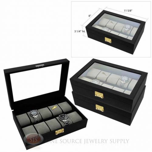 (3) 10 Watch Black Faux Leather Watch Cases with Gray Velvet Lining Displays