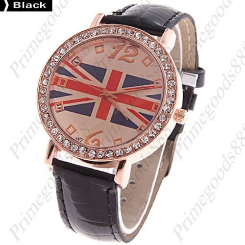 Union Jack Flag Round PU Leather Analog Wrist Quartz Wristwatch Women&#039;s Black