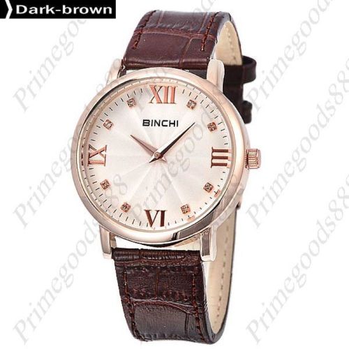 Genuine Leather Rhinestone Quartz Analog Wrist Men&#039;s Wristwatch Dark Brown