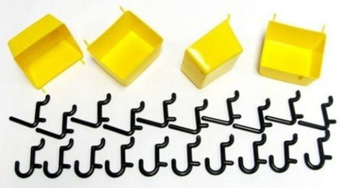 44 pc pegboard kit - 4 yellow bins &amp; 40 peg hooks - garage tool board storage w* for sale