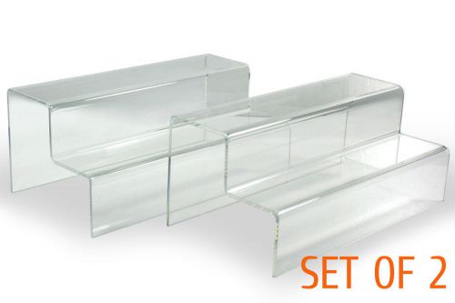 2x clear glossy acrylic 2-tier steps display riser stand shelf jewelry 10&#034;lx 4&#034;h for sale